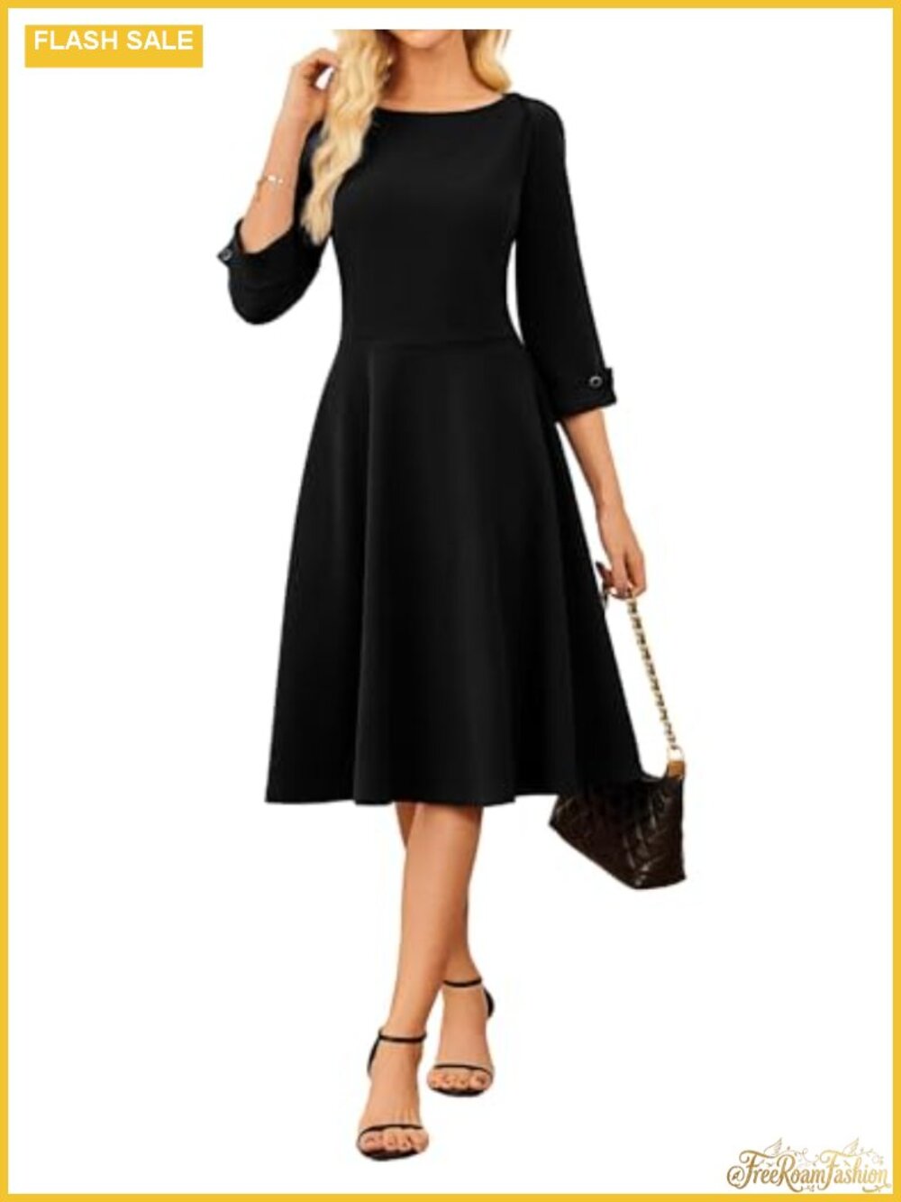 Fit and Flare Midi Dress 3/4 Sleeve Pockets Work Dress A-Line